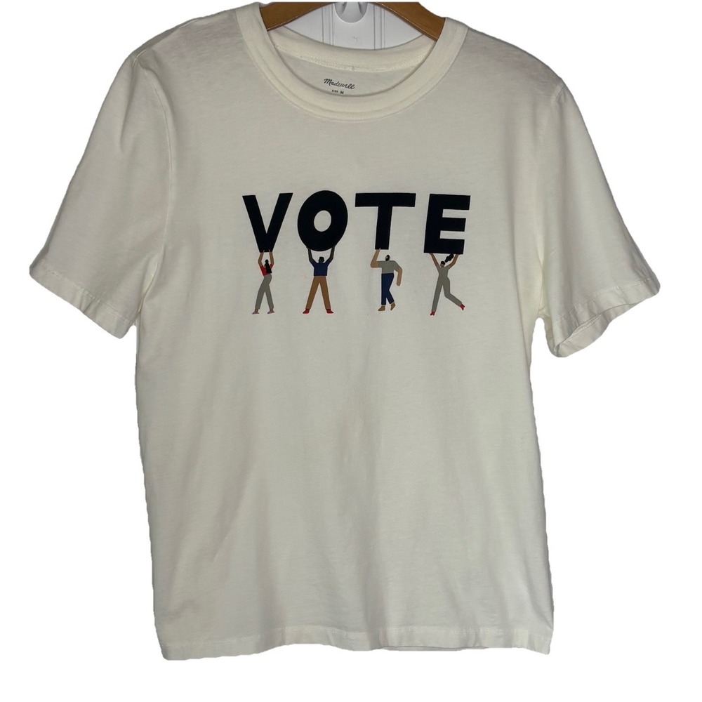 Madewell Top Women's Med 'VOTE' Graphic Tomboy Tee Lighthouse Ivory Cream